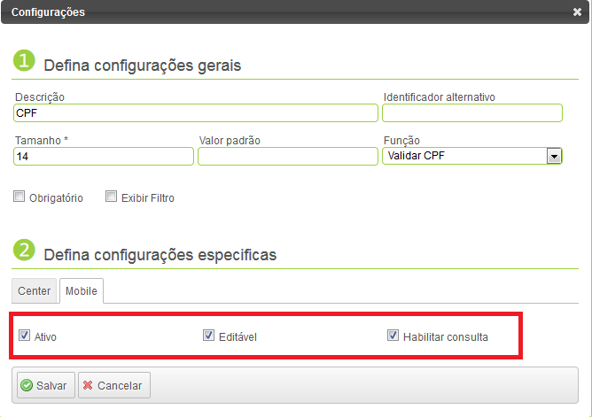 Configuracao custom field mobile