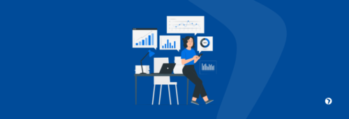 Ilustração contendo uma mulher no escritório acompanhando dados sobre o seu negócio num aplicativo de celular