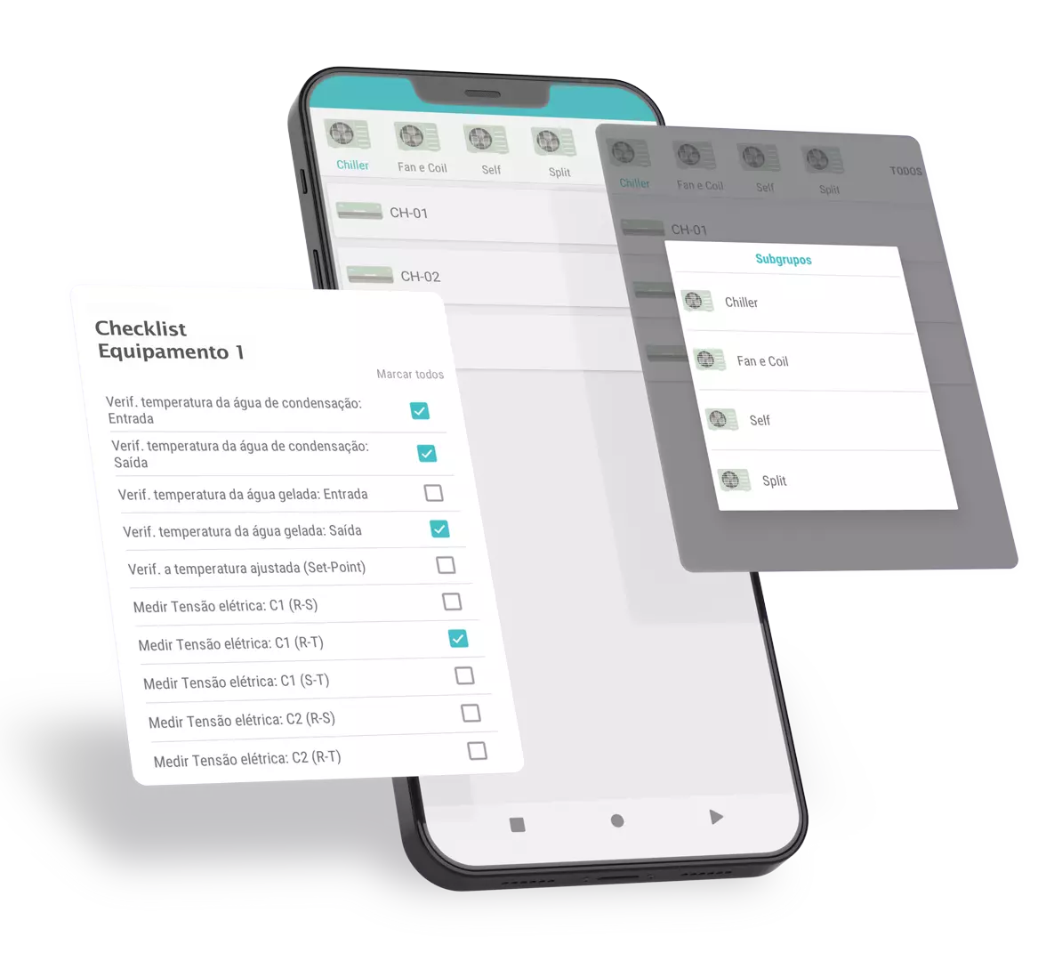 Mockup com tela de aplicativo de checklist da uMov.me e mais duas telas em 3d.