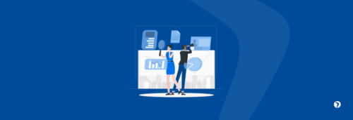 Capa de blog ilustrativa de duas pessoas analisando dados e informações corporativas com ferramentas de pesquisa (lupa e binóculo) sobre um palco iluminado, sobre um fundo azul escuro texturizado. A imagem inclui telas com gráficos de barras e de pizza.