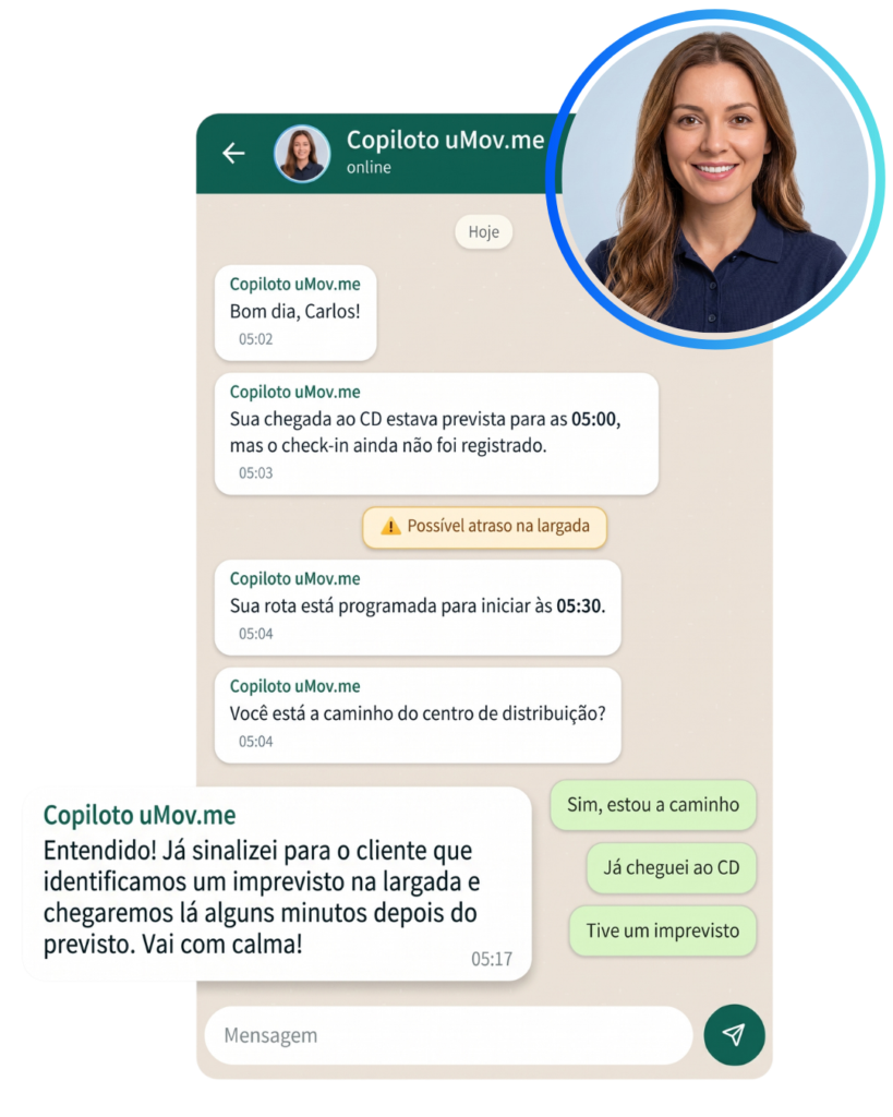 Copiloto uMov.me identifica atraso na largada do motorista e avisa o cliente pelo WhatsApp.