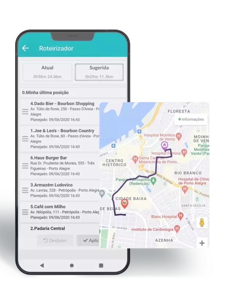 Roteirizador de entregas com a ordem de paradas e o mapa da rota no app do motorista