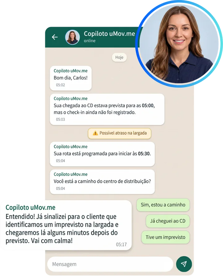Conversa do copiloto da Torre de Controle Inteligente com o motorista sobre atraso na largada
